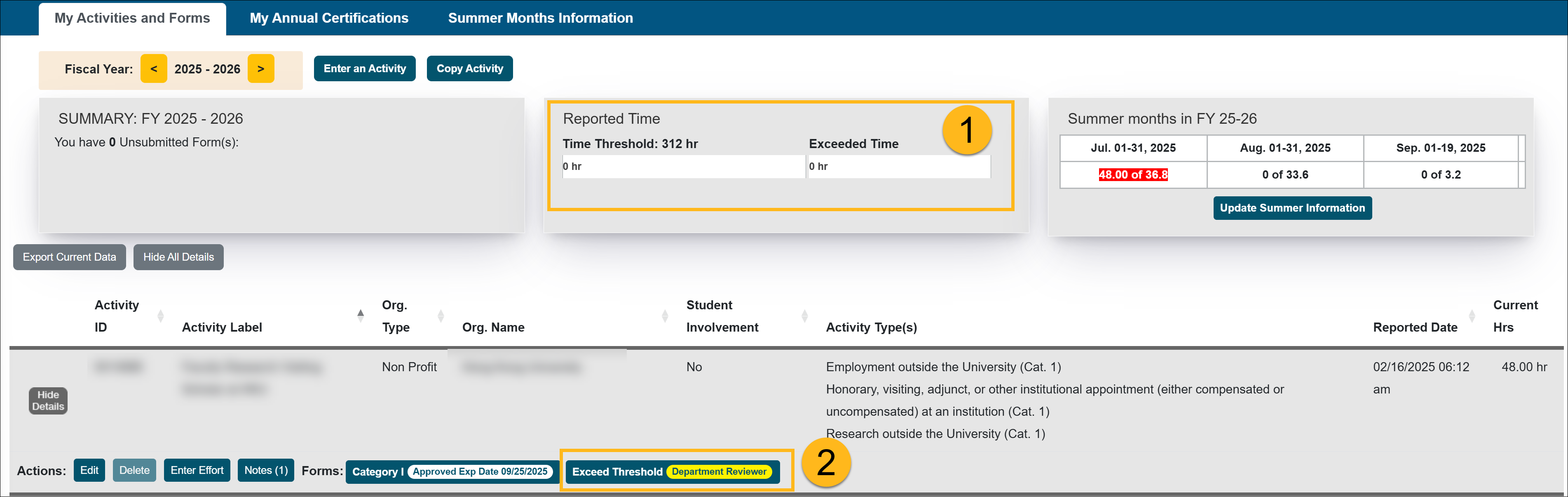 Dashboard shows exceeded threshold and exceed threshold form