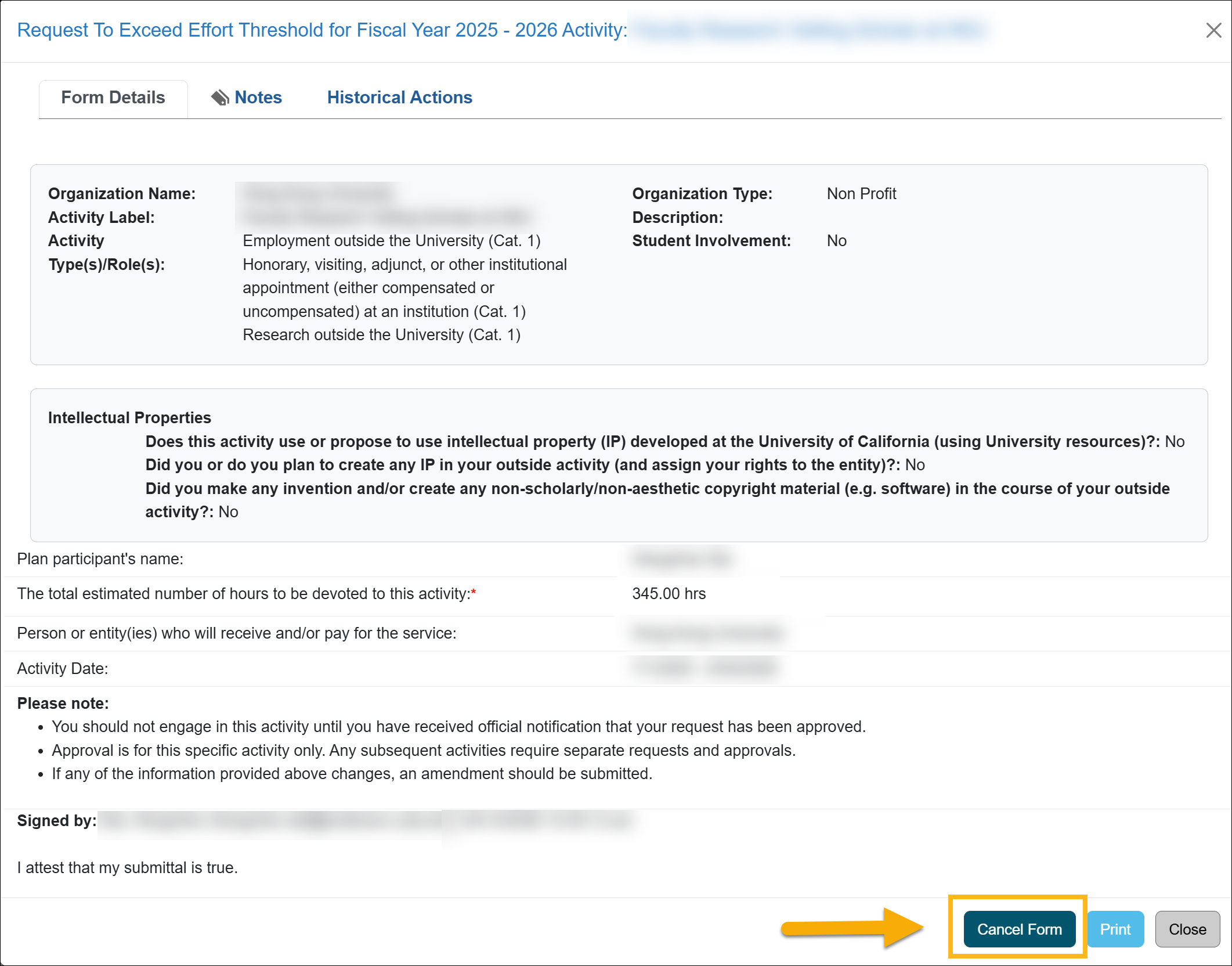 Cancel form button on exceed threshold form