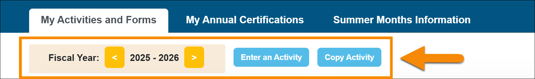faculty fiscal year indicator, enter an activity, copy activity