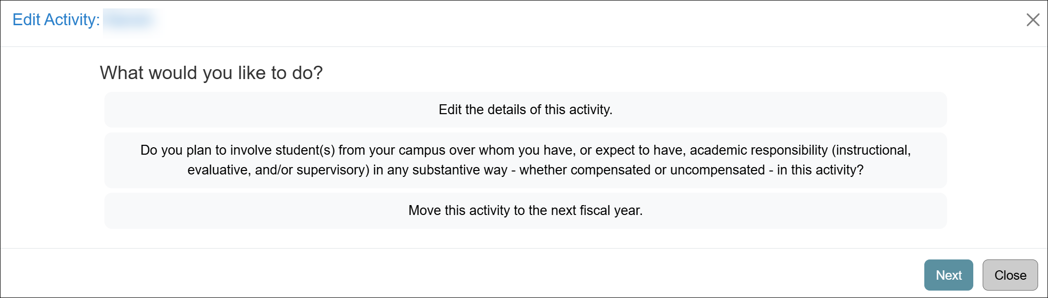 Edit activity options