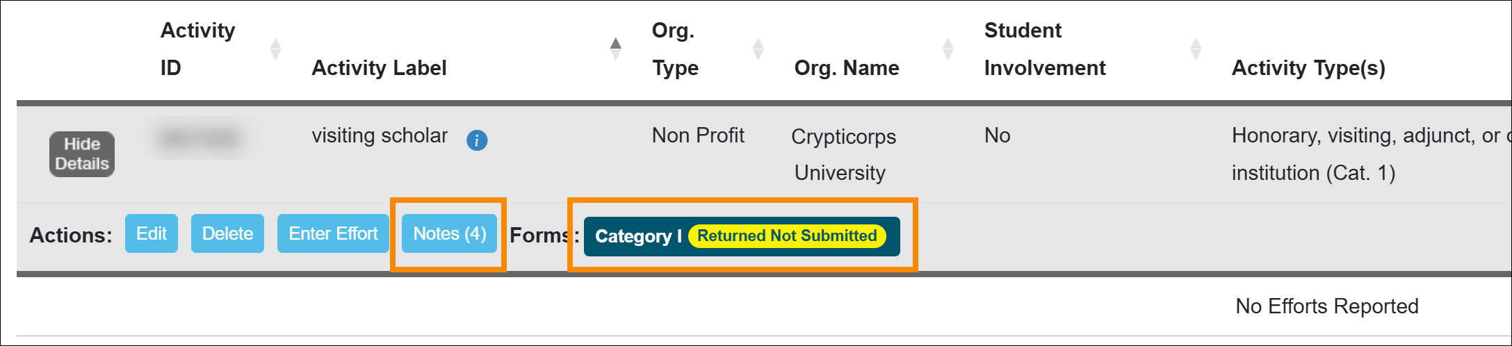Returned form and notes circled