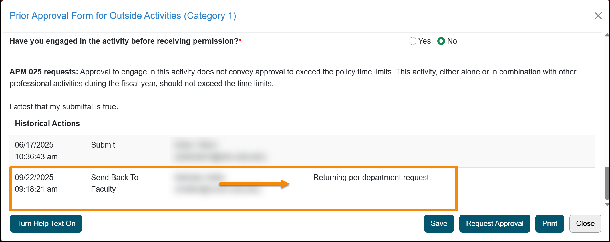 Prior approval notes showing return reason