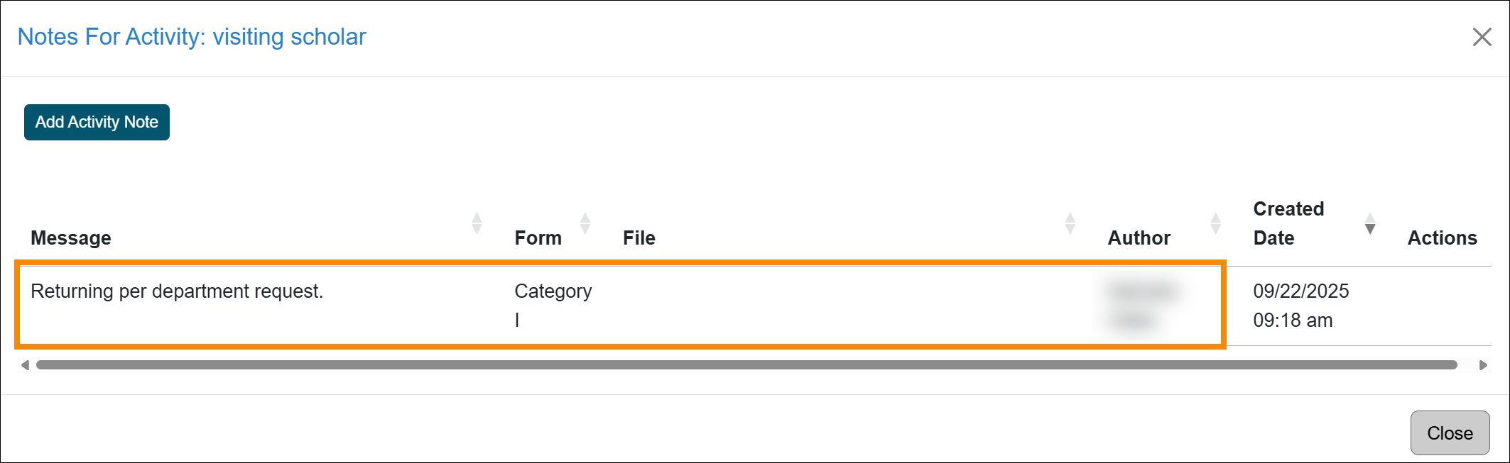 Activity notes showing return reason