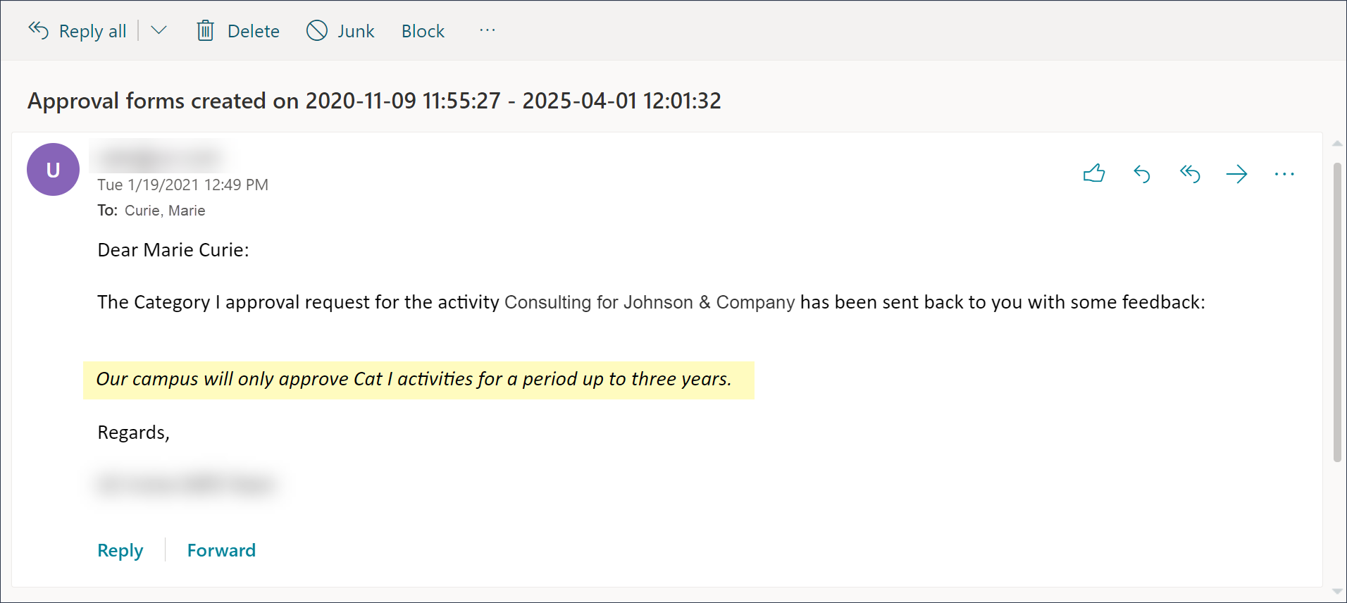 Returned form email