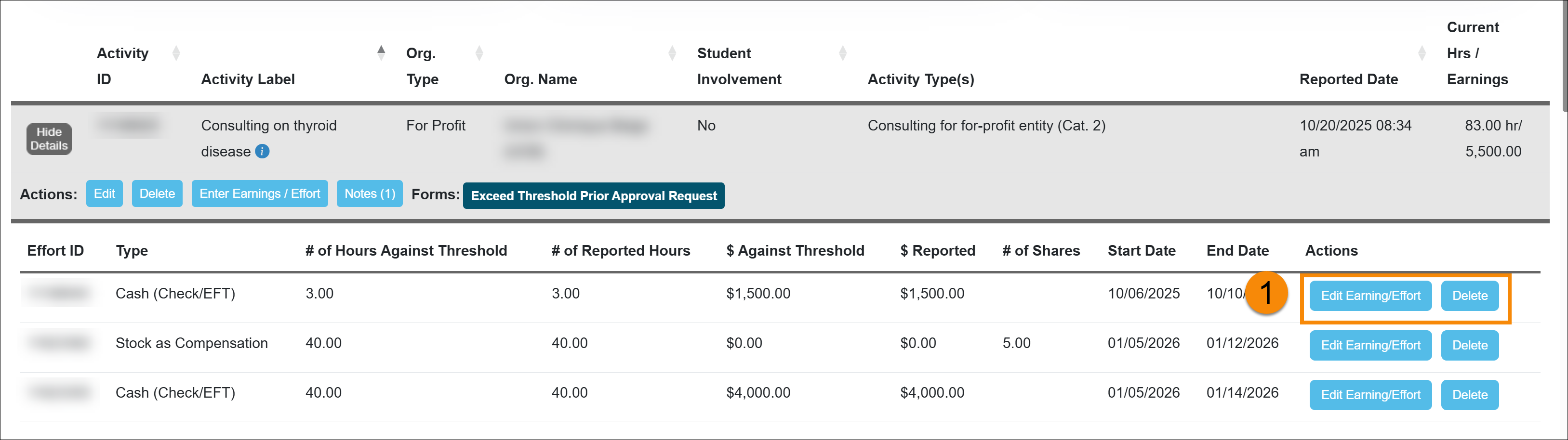 The edit and delete option for reported effort is circled