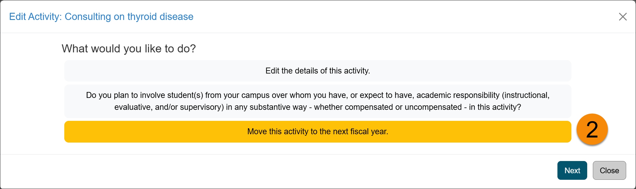 The move this activity option