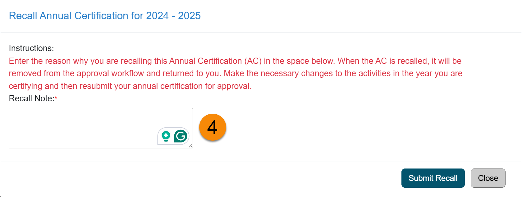 Recall Annual Certification comment box
