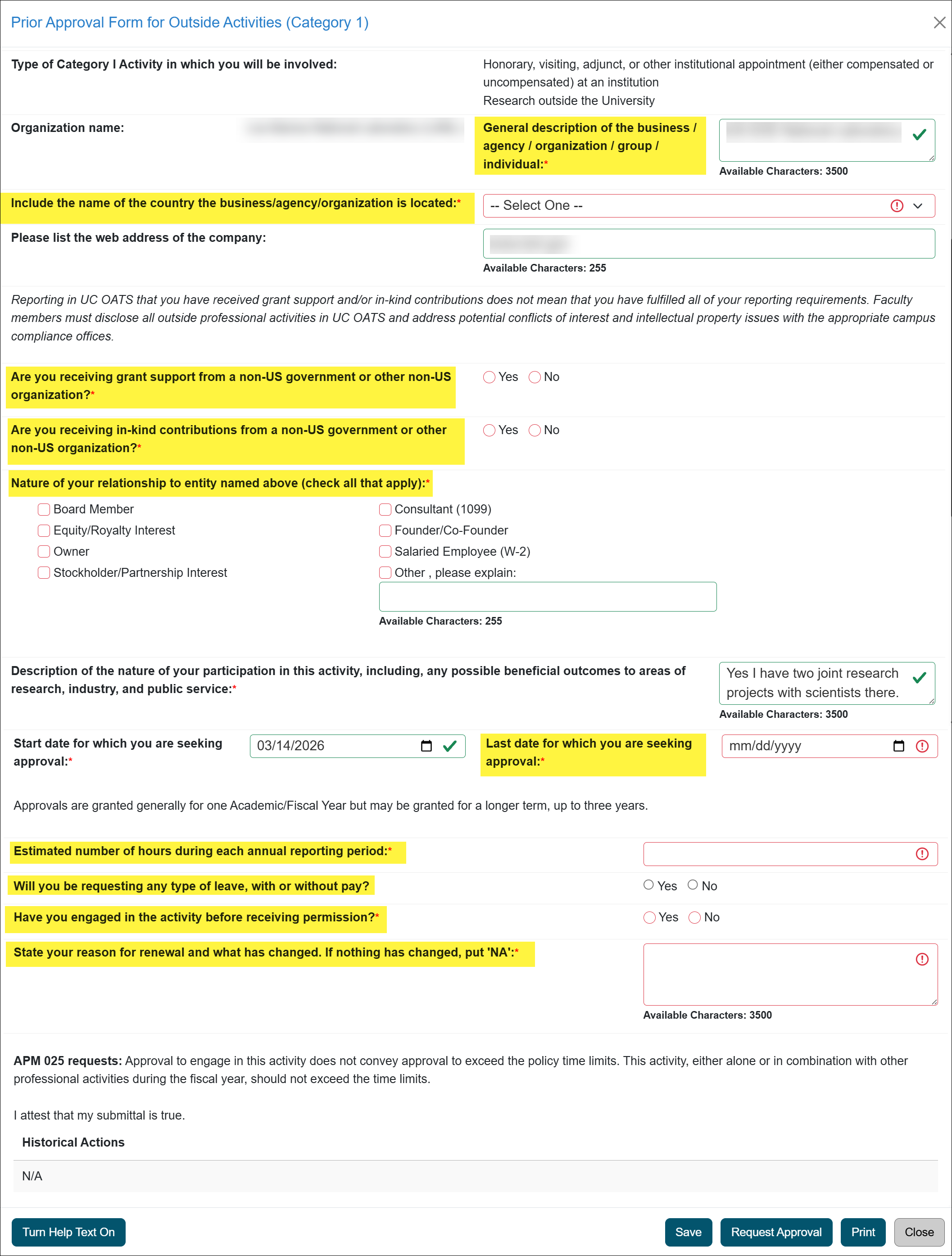 Category I form fields that need to be completed