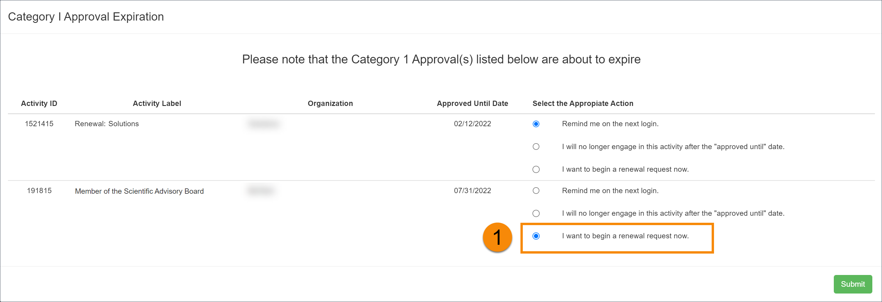 Category I expired pop-up