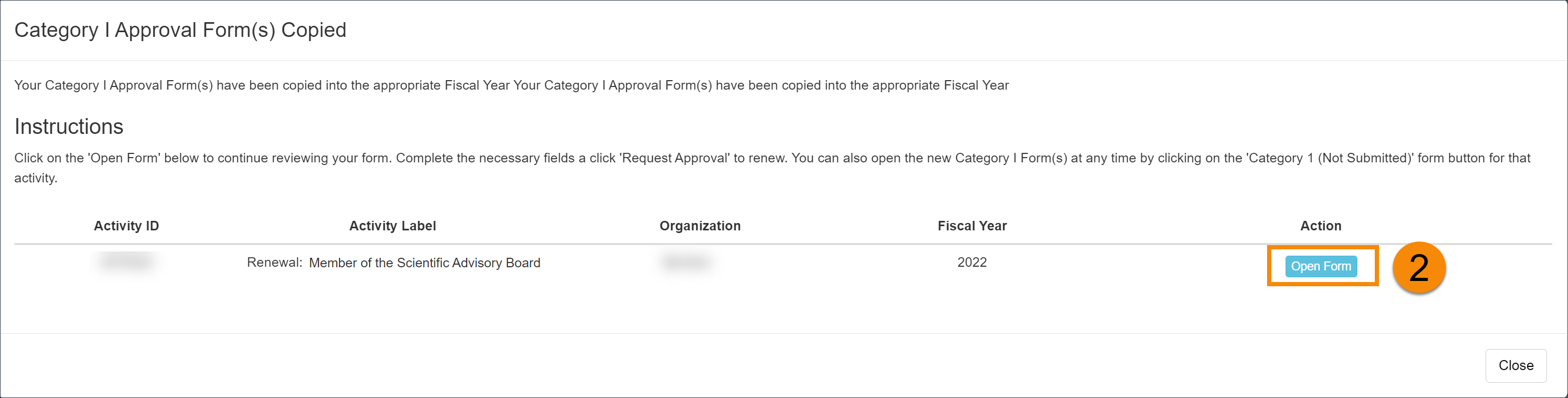 Category I pop-up open form button