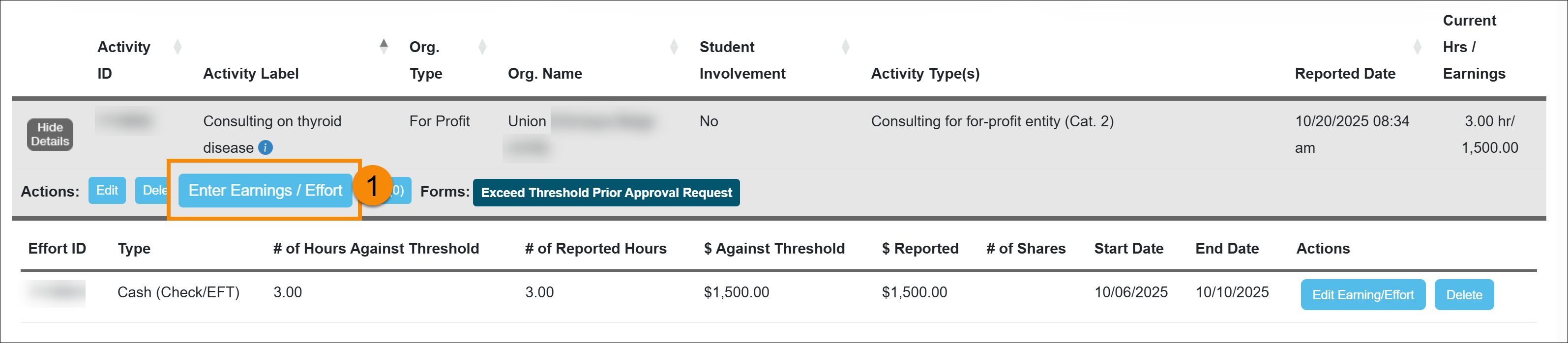 The Enter Earnings/Effort button