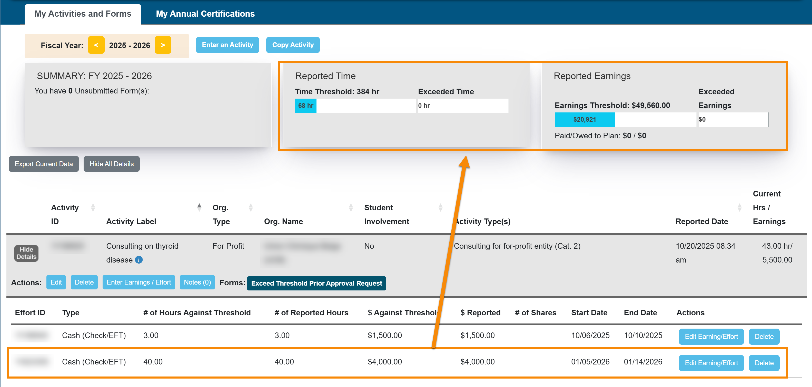 the faculty dashboard showing the time and earnings thresholds