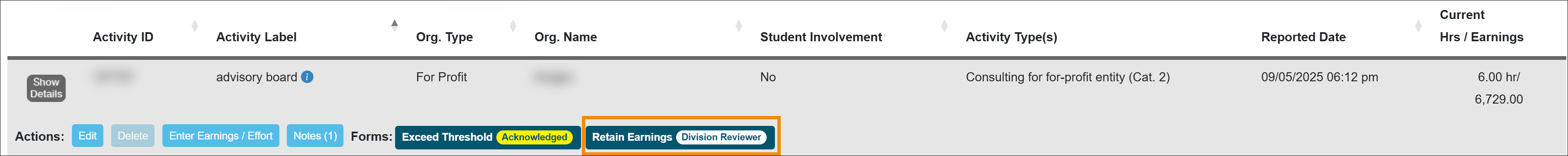 Retain Earnings form submitted