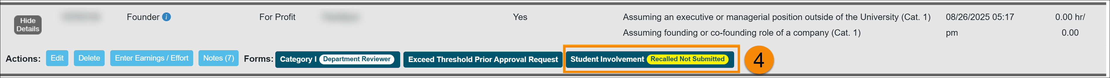 Student Involvement form Recalled Not Submitted status