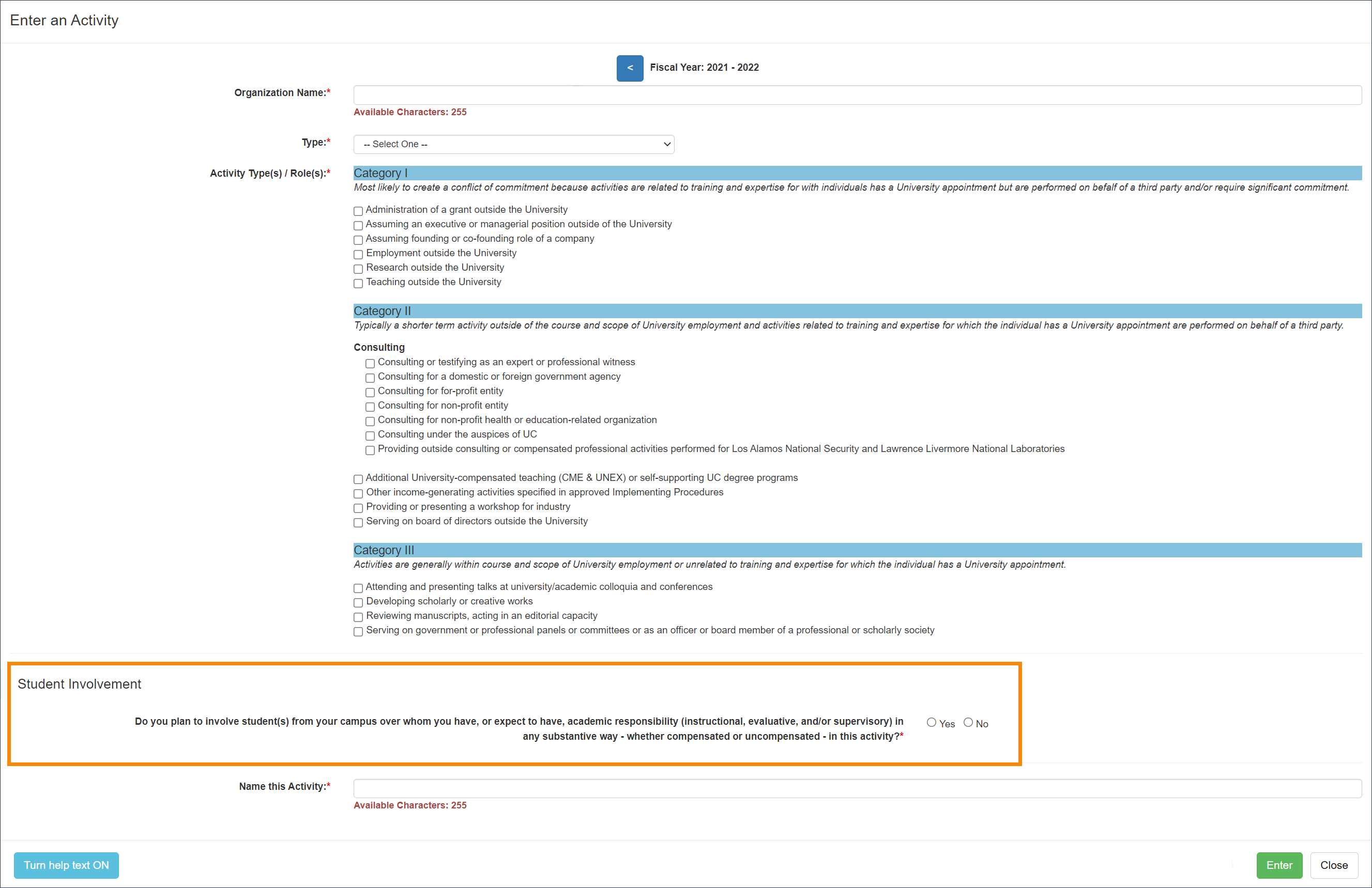 Activity form student involvement option