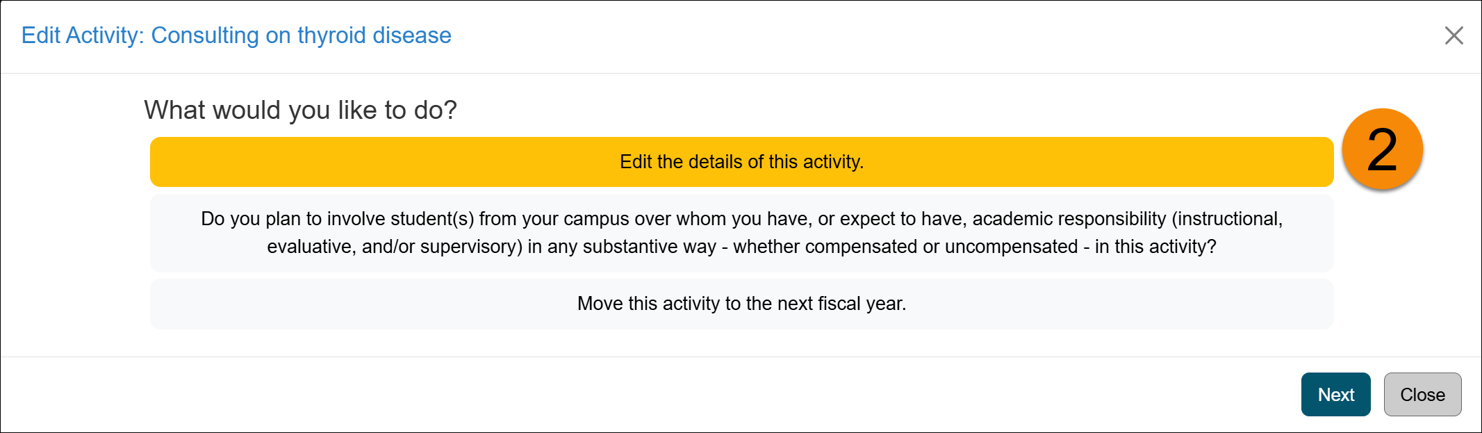 Edit activity- edit the details of this activity option