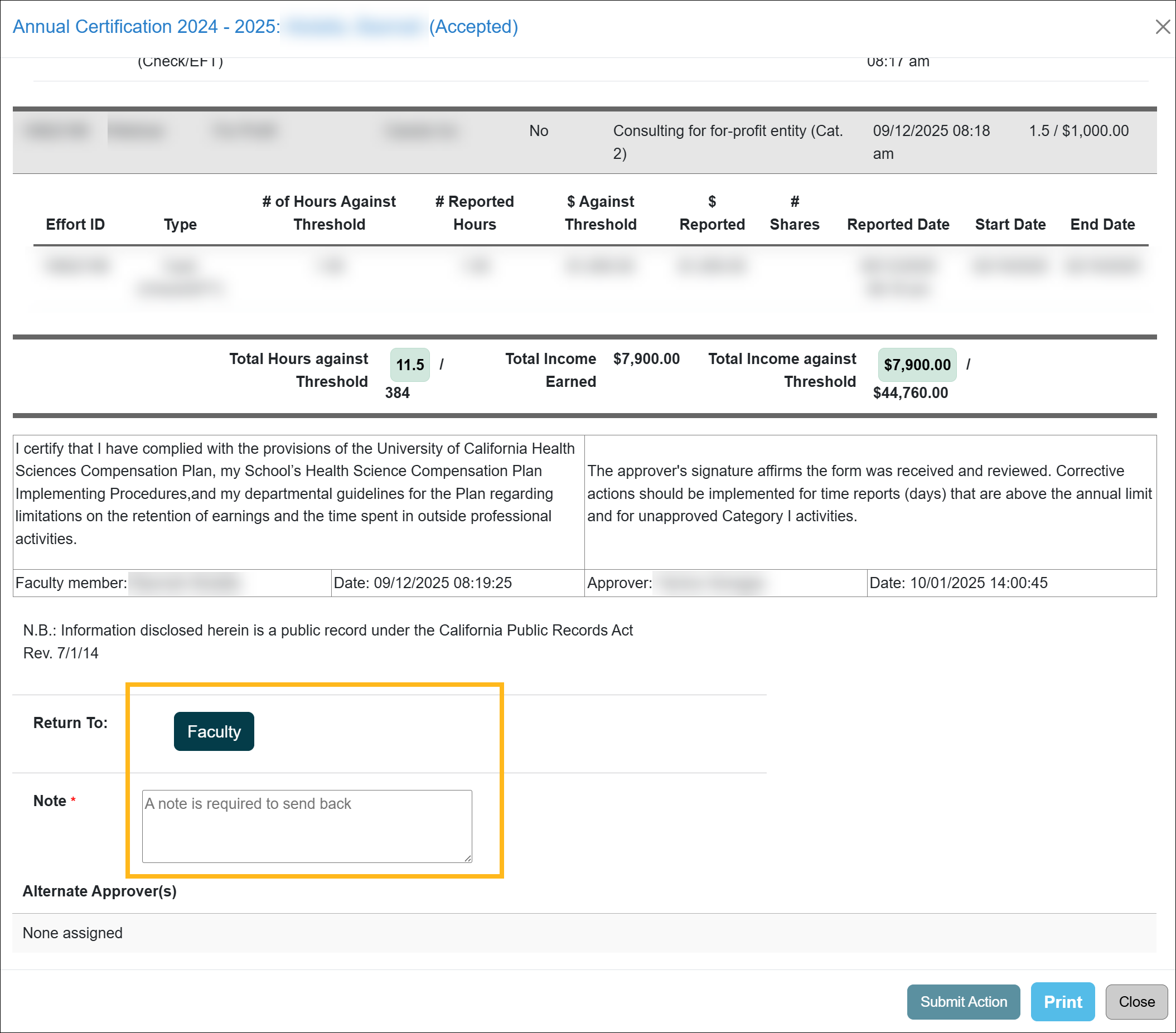 Approved Annual Certification being returned back