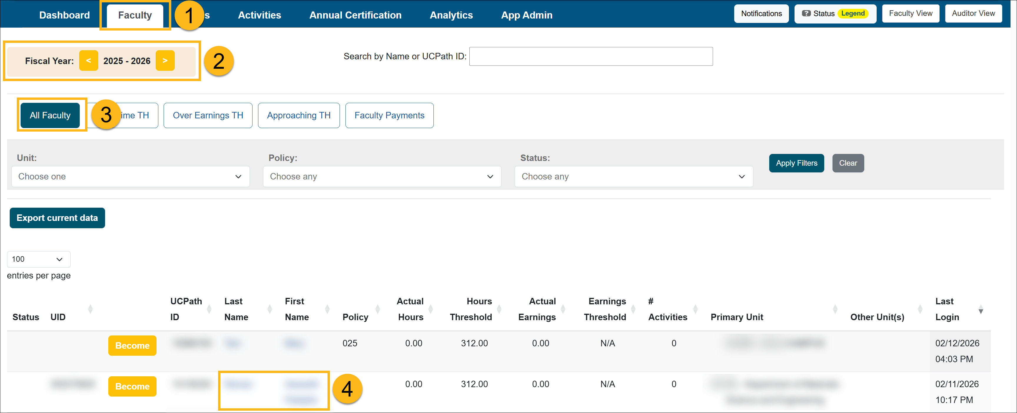 Reviewer workspace with the All Faculty button