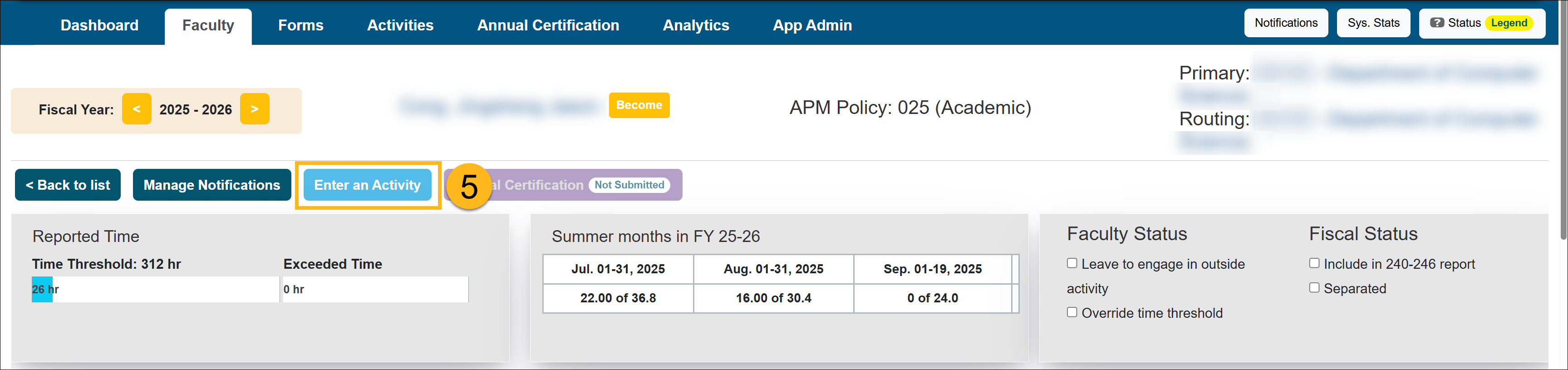 Enter an Activity button on Faculty Details page