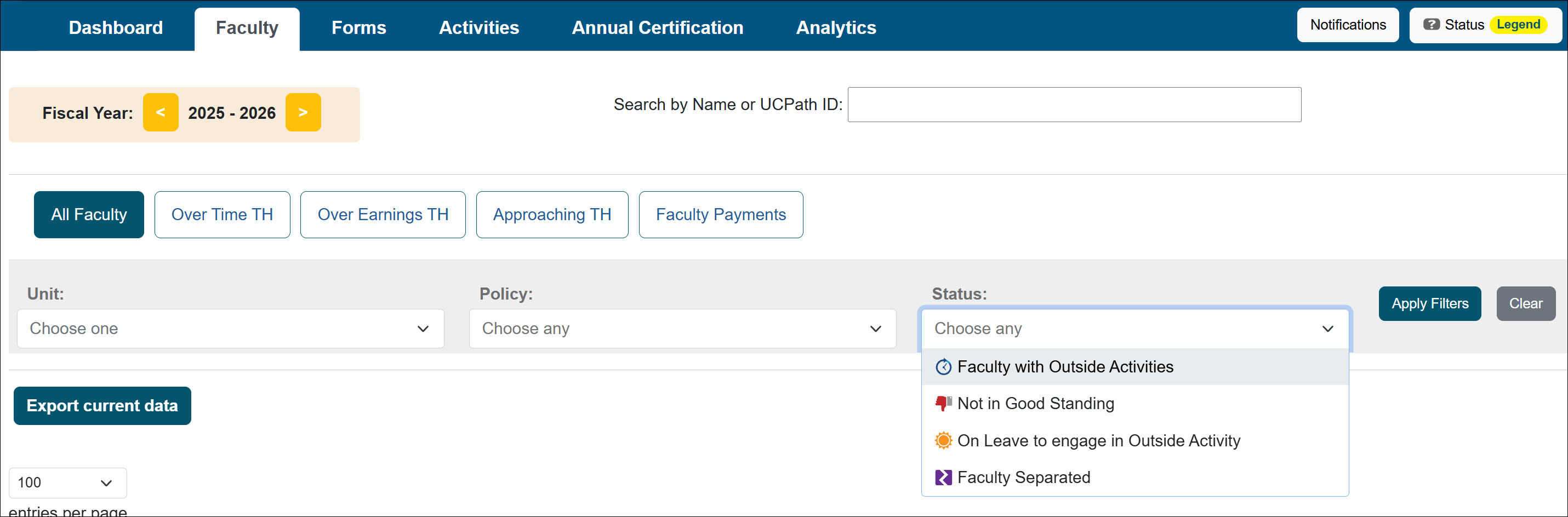 All Faculty filter showing Status options