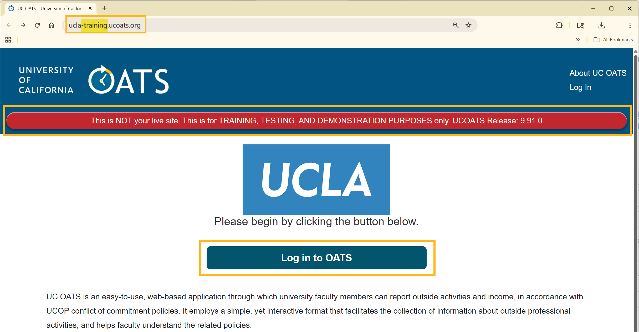 Training environment login page