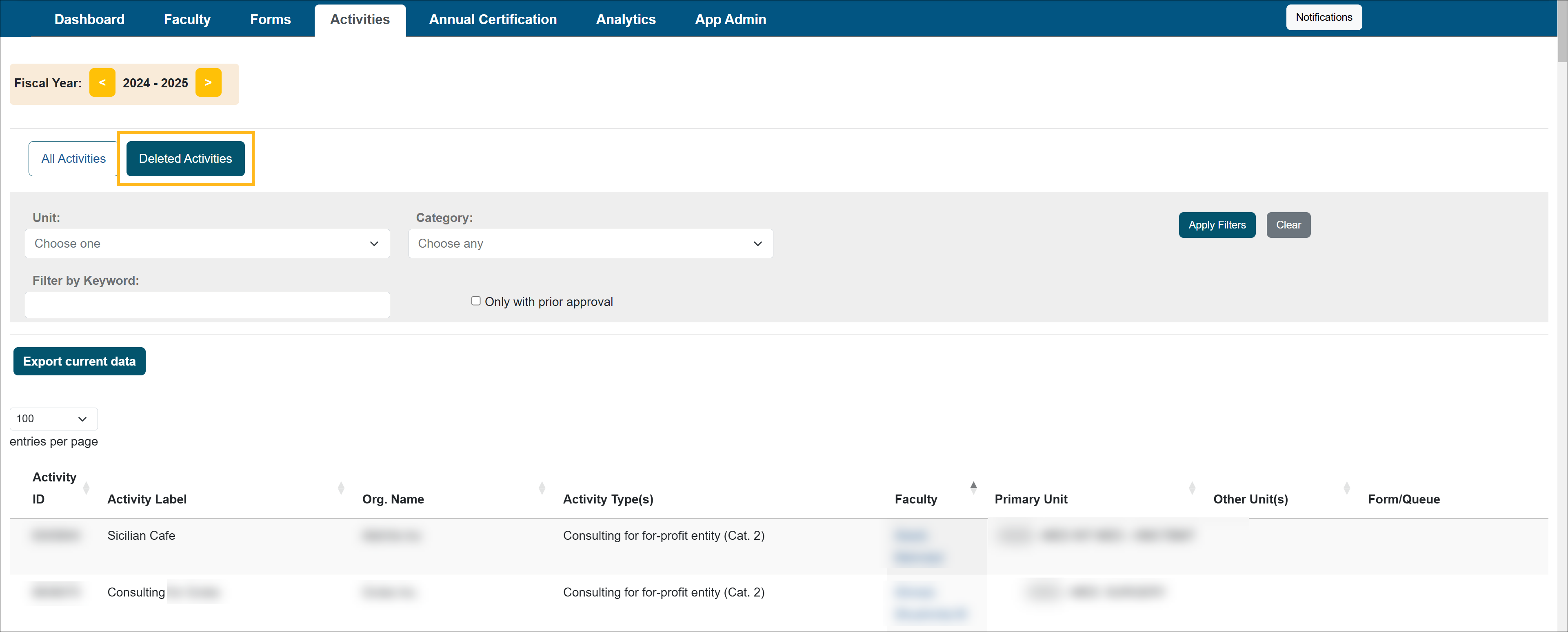 Deleted activities tab