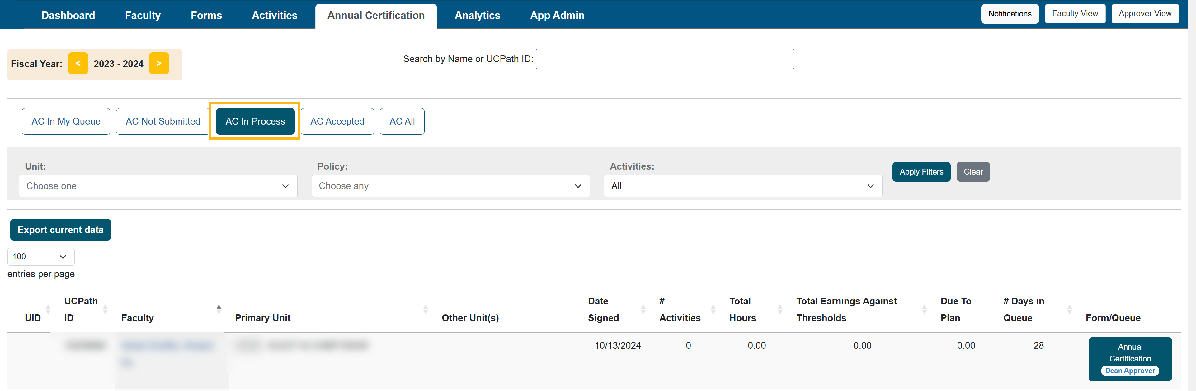 Annual Certification in process section