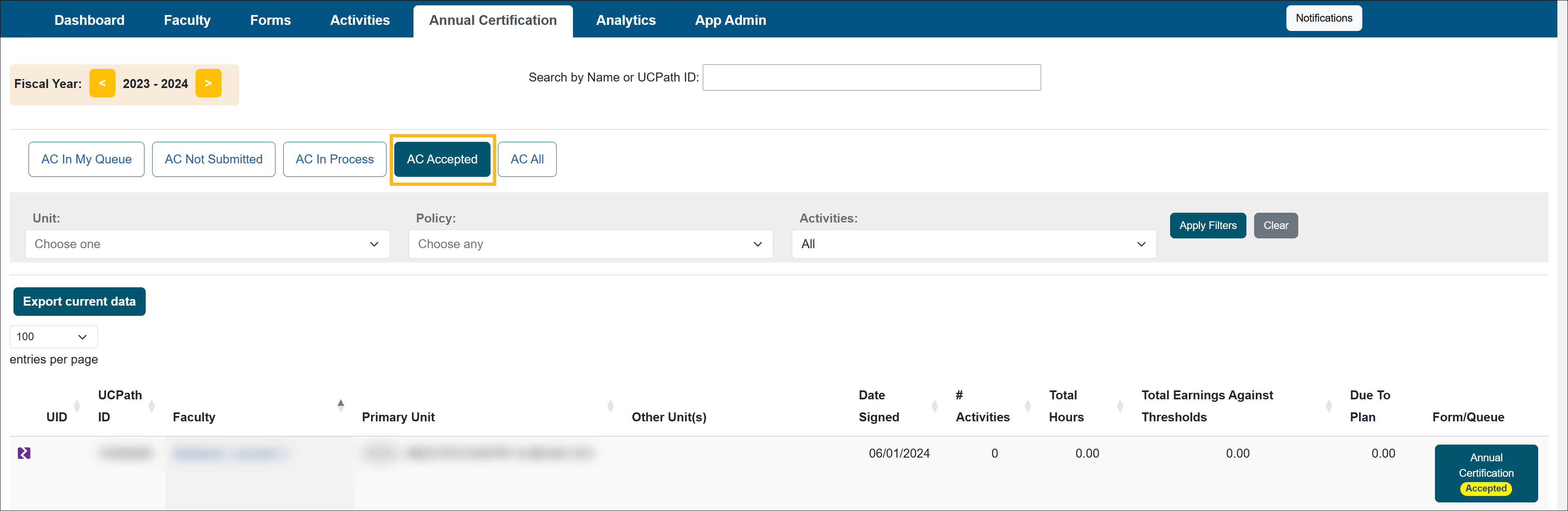 Annual Certification Accepted section