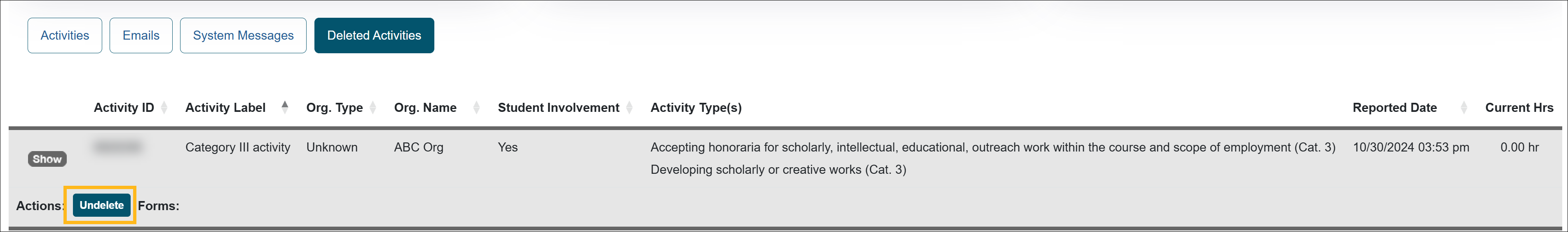Deleted activities tab