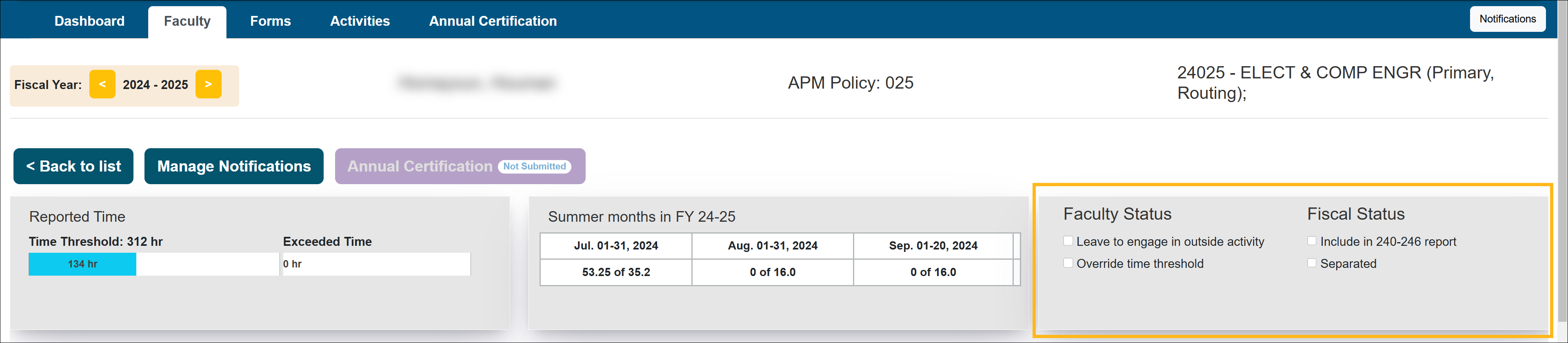 The UC OATS Faculty Status and Fiscal Status section of the Faculty Details page.