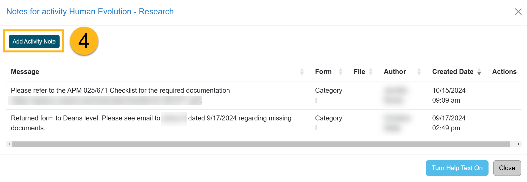 The activity notes with the Add Activity Note button highlighted