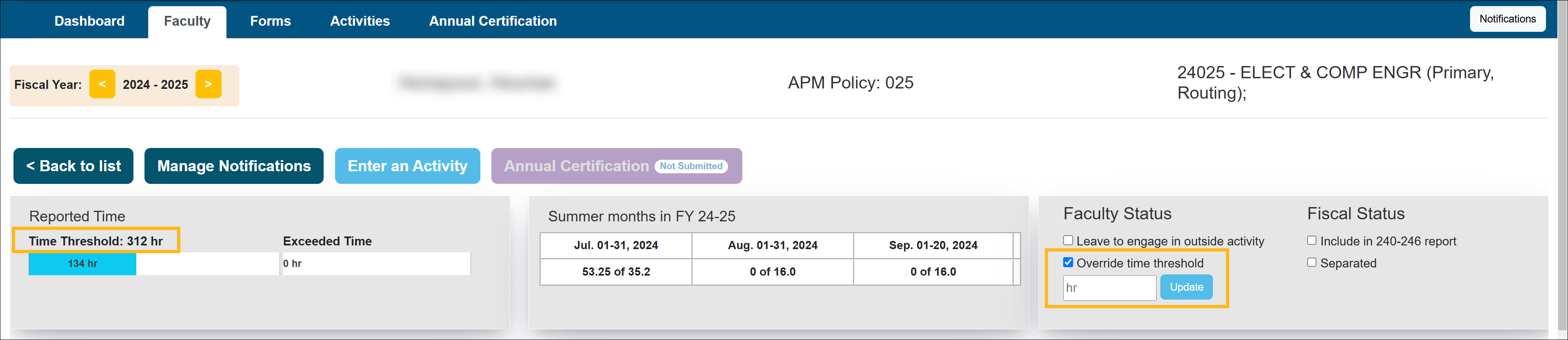 The UC OATS Faculty Status section of the Faculty Details page. Showing the option to override time threshold