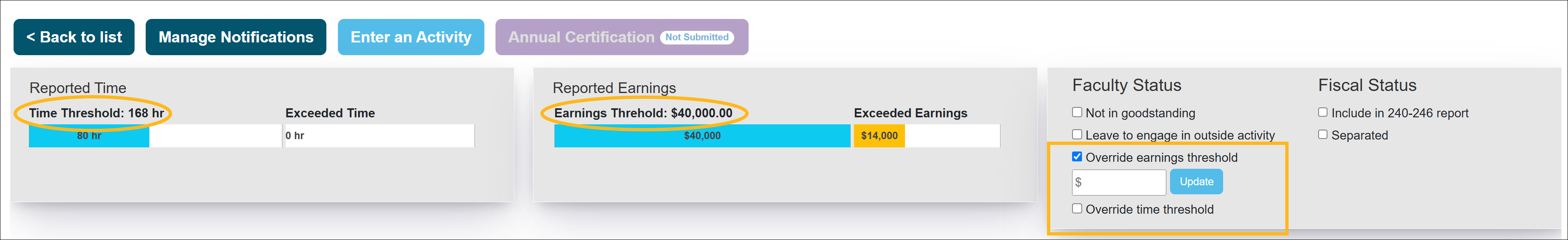 The UC OATS Faculty Status section of the Faculty Details page. Showing the option to override time threshold