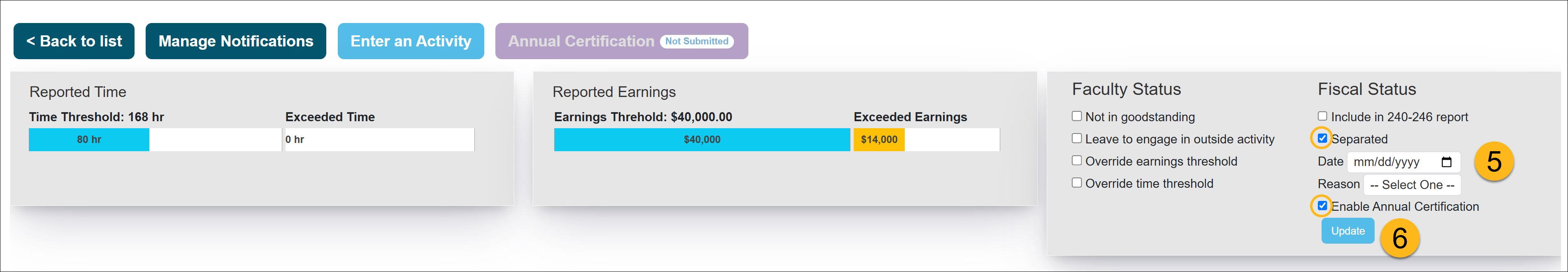 UC OATS Faculty status page for an APM025 faculty member. Shows the Fiscal Status options