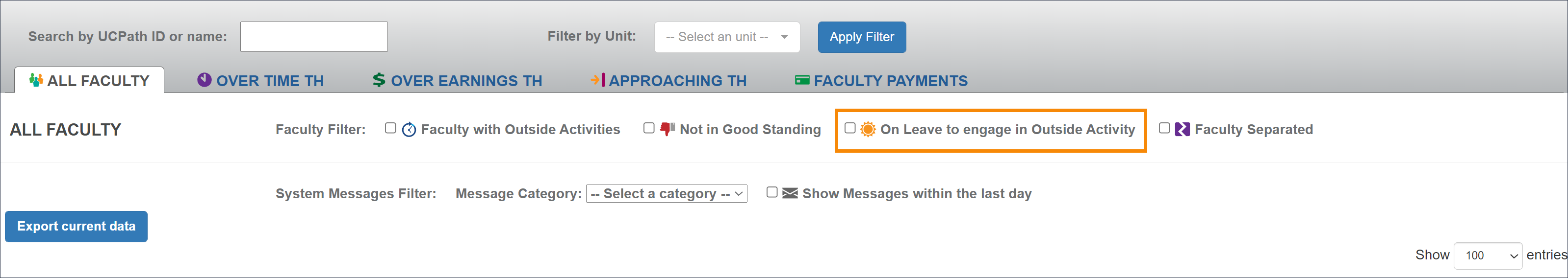 The leave filter option on the All faculty tab