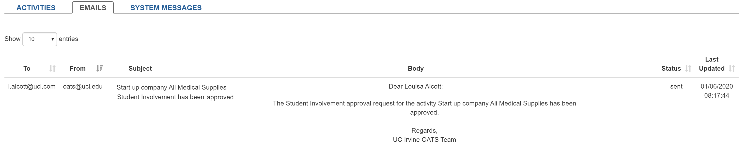 UC OATS Emails tab showing automated system emails that have been sent to the faculty member.