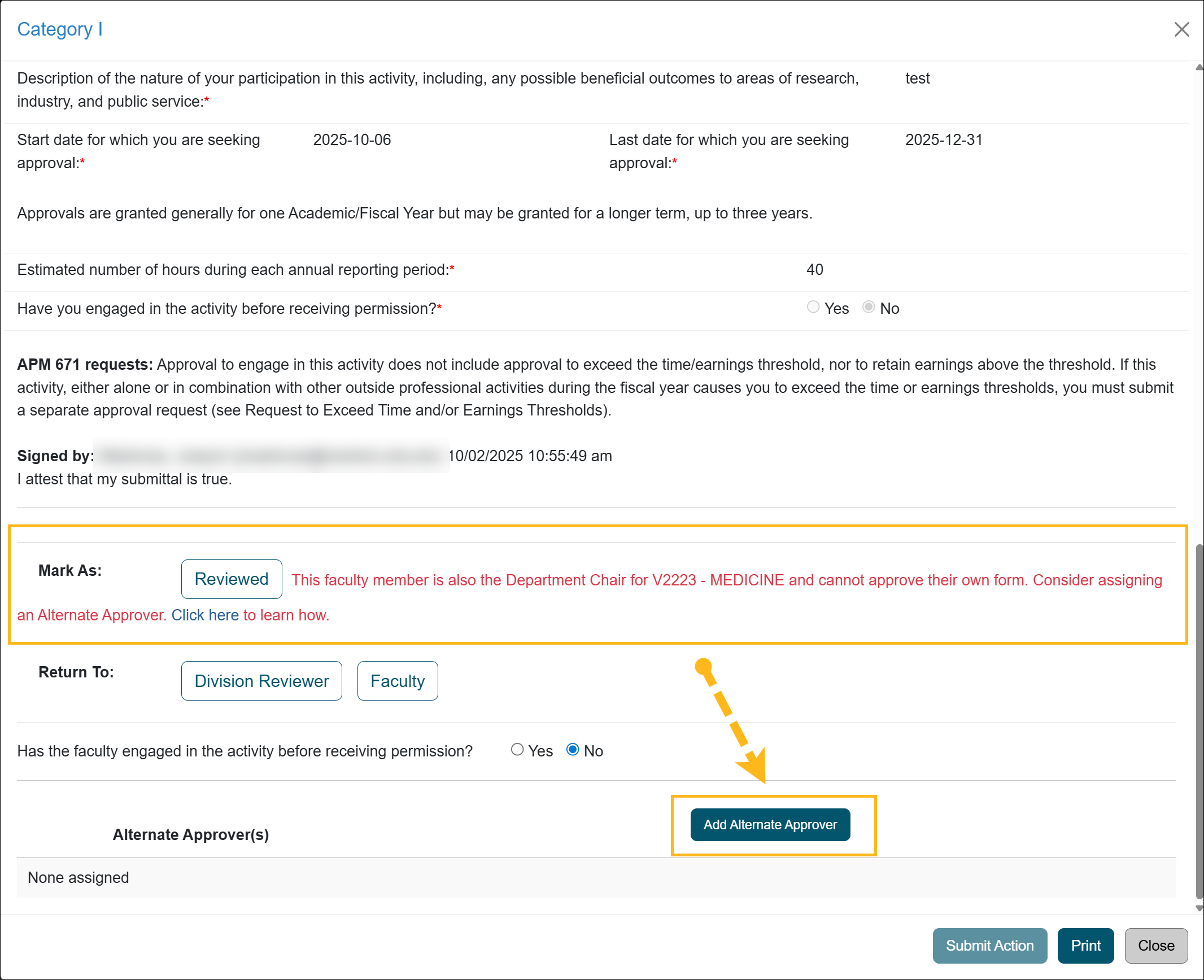 The action section of a prior approval form