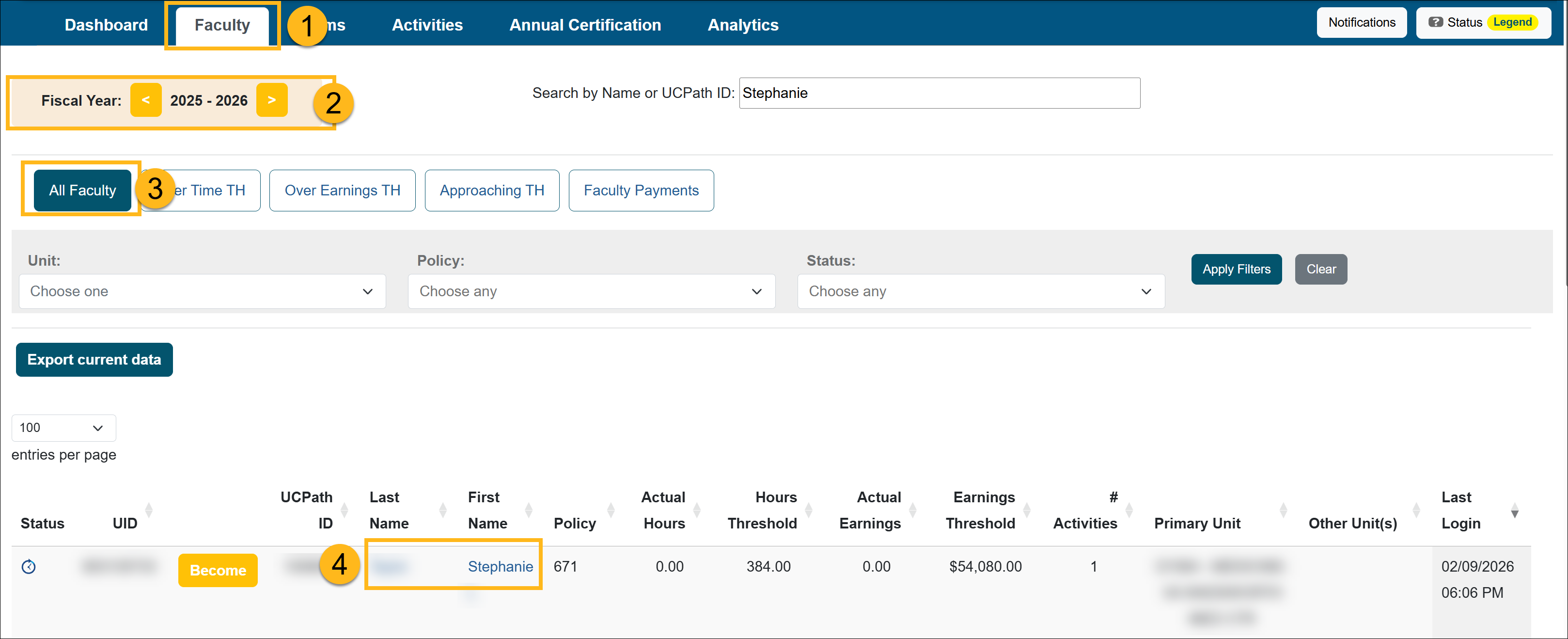 Reviewer workspace-Faculty tab