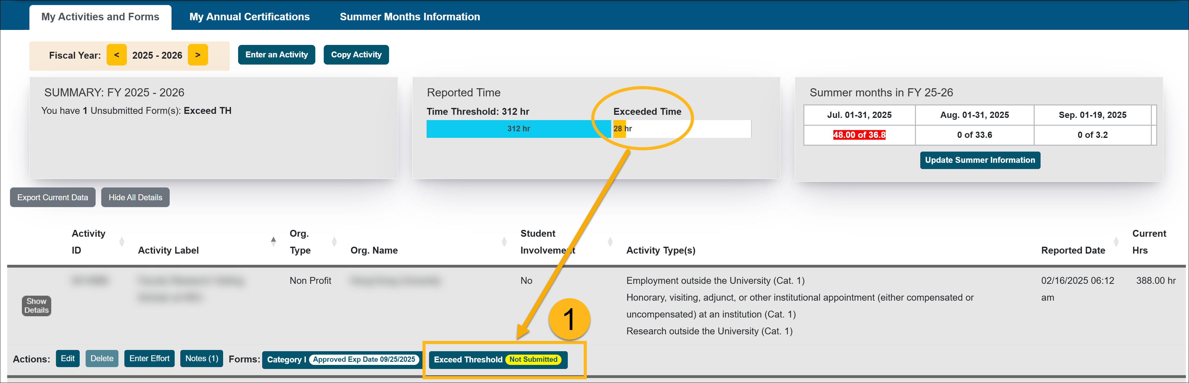 Faculty workspace showing over threshold and form